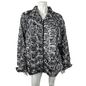Laura Ashley Jacket Womans 2X Silver Black Rosette Floral Zip‎ Front Lined